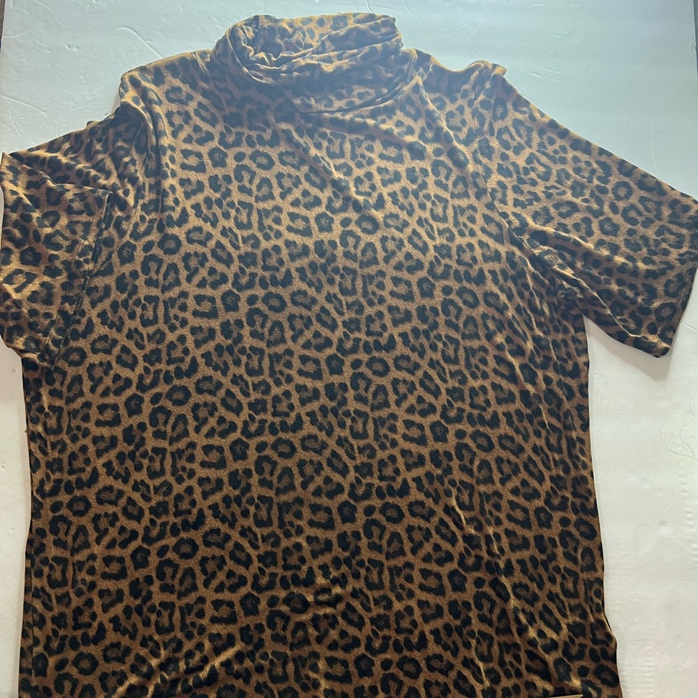 Michaels Brown Leopard Print Top women’s top with ruched or draped cowl neck